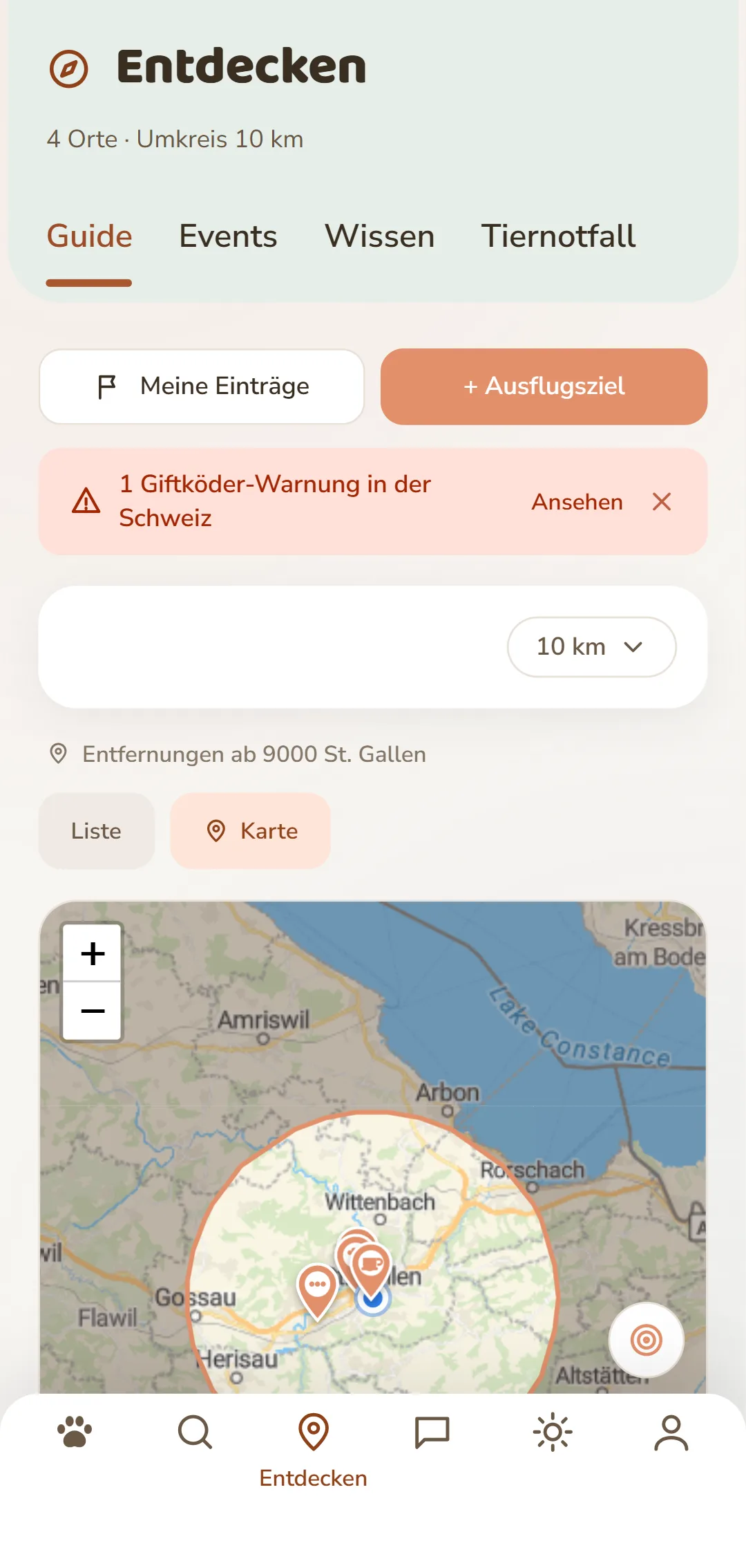 Karte der App mit Nadeln auf hundefreundlichen Orten in der Umgebung